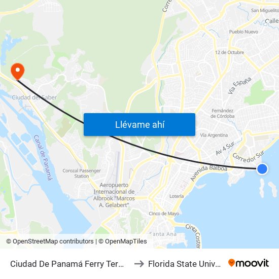 Ciudad De Panamá Ferry Terminal (Punta Pacífica) to Florida State University Panamá map