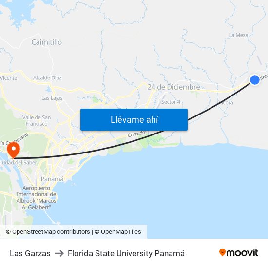 Las Garzas to Florida State University Panamá map