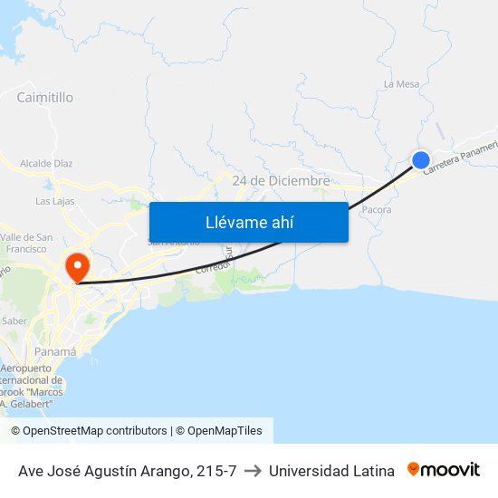 Ave José Agustín Arango, 215-7 to Universidad Latina map