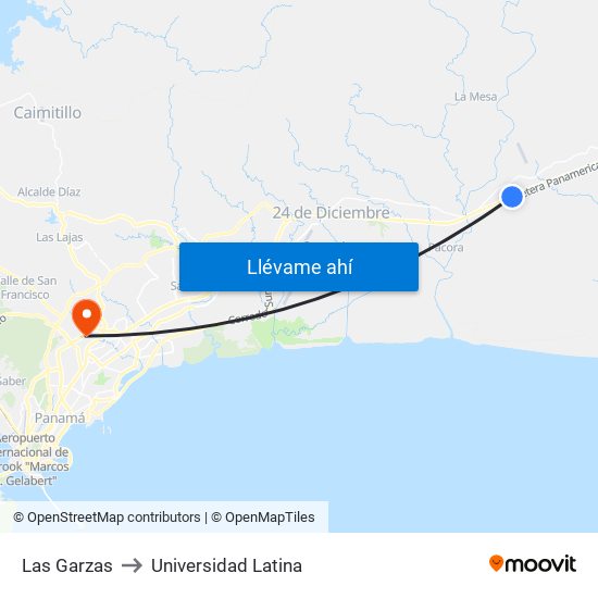 Las Garzas to Universidad Latina map