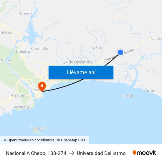 Nacional A Chepo, 130-274 to Universidad Del Istmo map