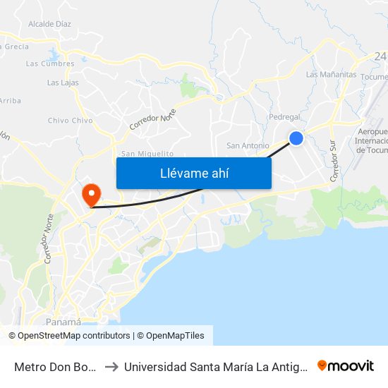 Metro Don Bosco-R to Universidad Santa María La Antigua - Usma map