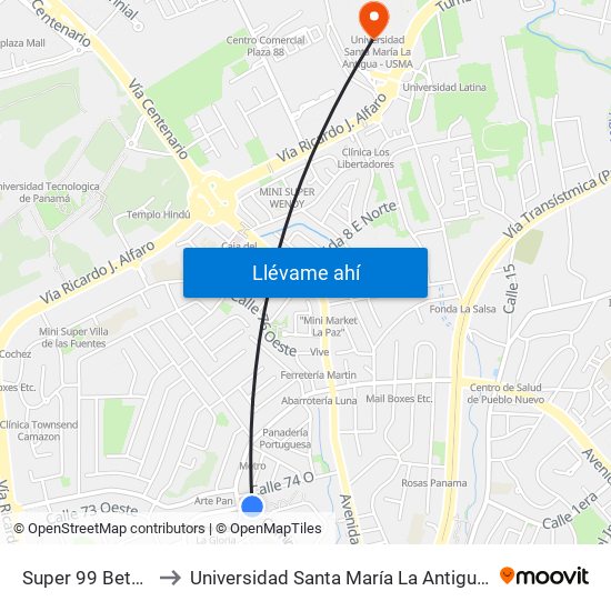 Super 99 Bethania to Universidad Santa María La Antigua - Usma map