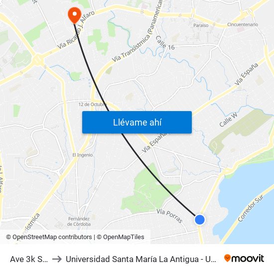 Ave 3k Sur to Universidad Santa María La Antigua - Usma map