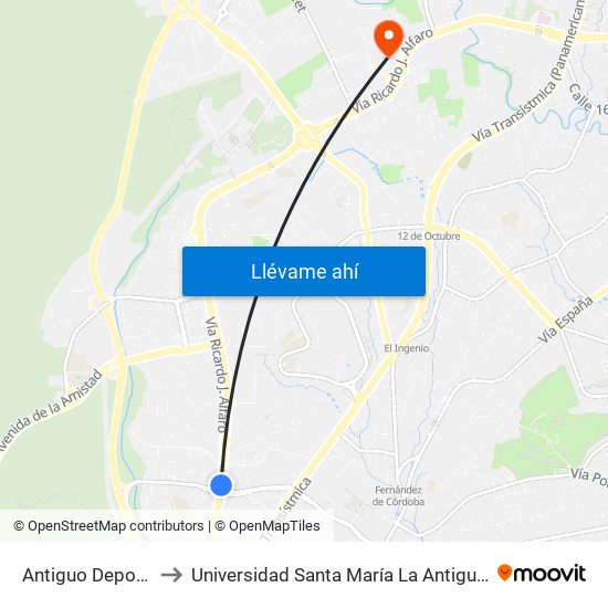 Antiguo Deposito-I to Universidad Santa María La Antigua - Usma map