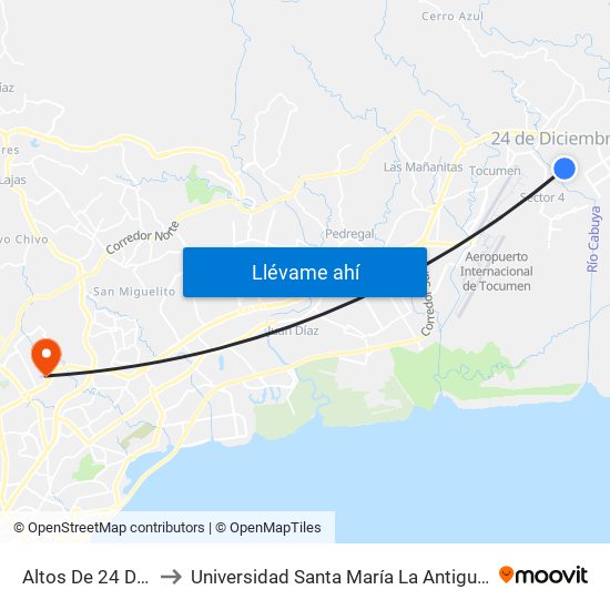 Altos De 24 De Dic to Universidad Santa María La Antigua - Usma map