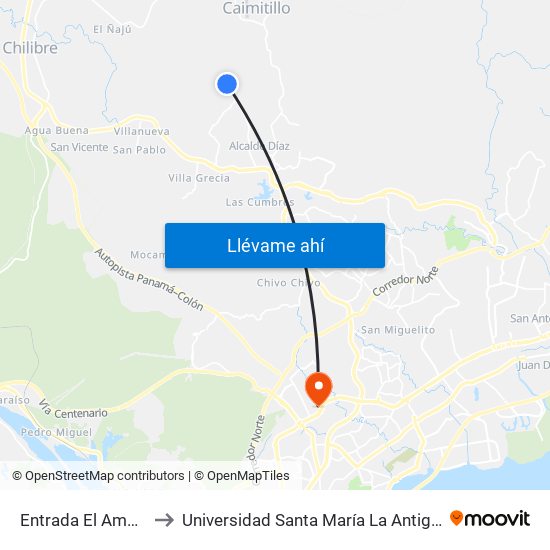 Entrada El Amanecer to Universidad Santa María La Antigua - Usma map