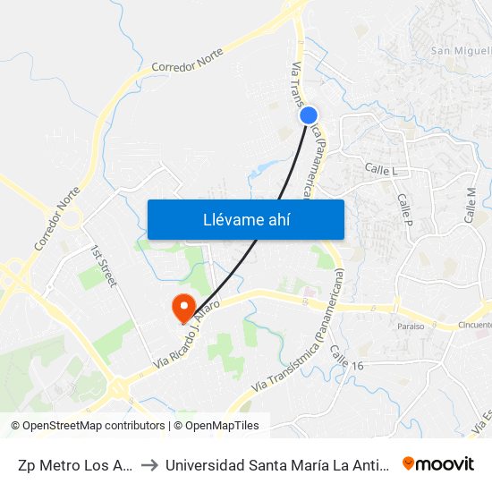 Zp Metro Los Andes-I to Universidad Santa María La Antigua - Usma map