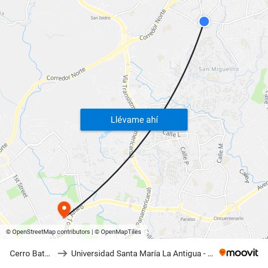 Cerro Batea-I to Universidad Santa María La Antigua - Usma map