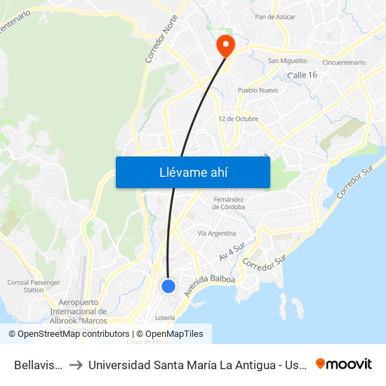 Bellavista to Universidad Santa María La Antigua - Usma map