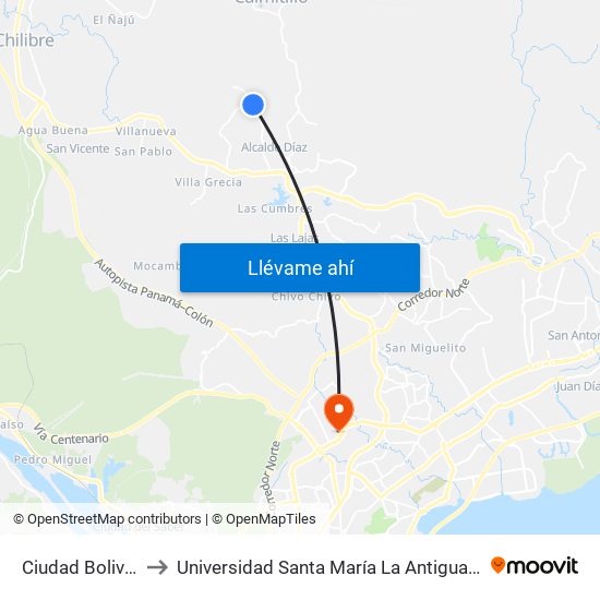 Ciudad Bolivar-R to Universidad Santa María La Antigua - Usma map