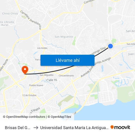 Brisas Del Golf-R to Universidad Santa María La Antigua - Usma map