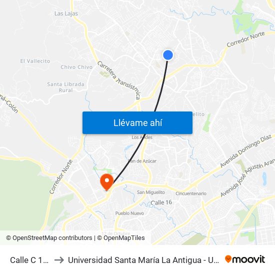 Calle C 10-I to Universidad Santa María La Antigua - Usma map