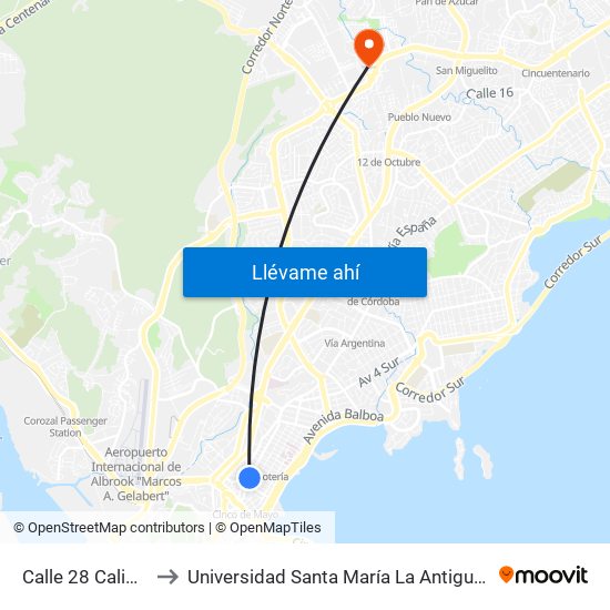 Calle 28 Calidonia to Universidad Santa María La Antigua - Usma map