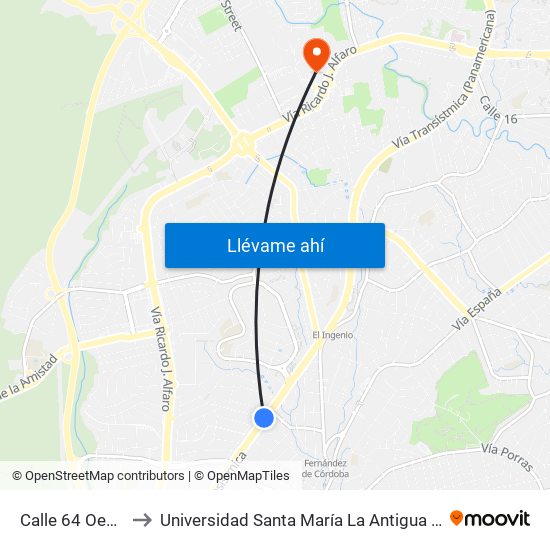 Calle 64 Oeste-I to Universidad Santa María La Antigua - Usma map