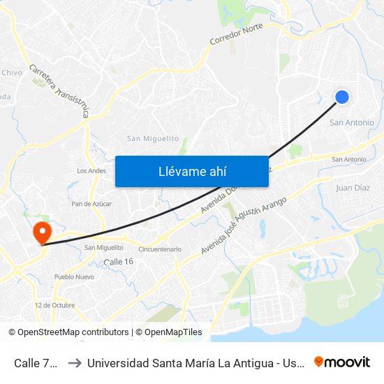 Calle 71-I to Universidad Santa María La Antigua - Usma map
