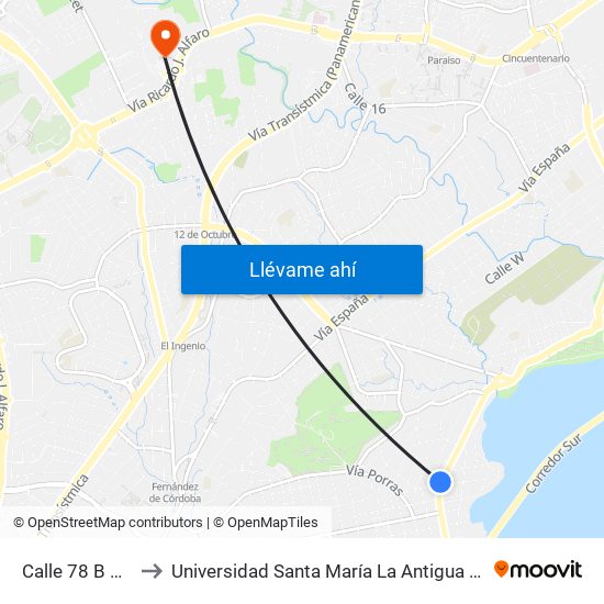 Calle 78 B Este to Universidad Santa María La Antigua - Usma map