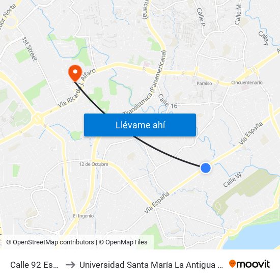 Calle 92 Este-R to Universidad Santa María La Antigua - Usma map