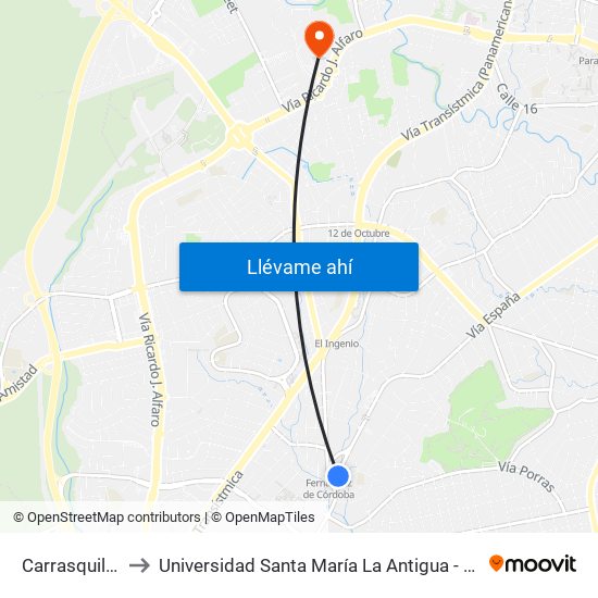 Carrasquilla-I to Universidad Santa María La Antigua - Usma map