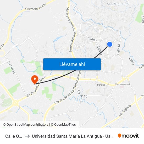 Calle O-R to Universidad Santa María La Antigua - Usma map