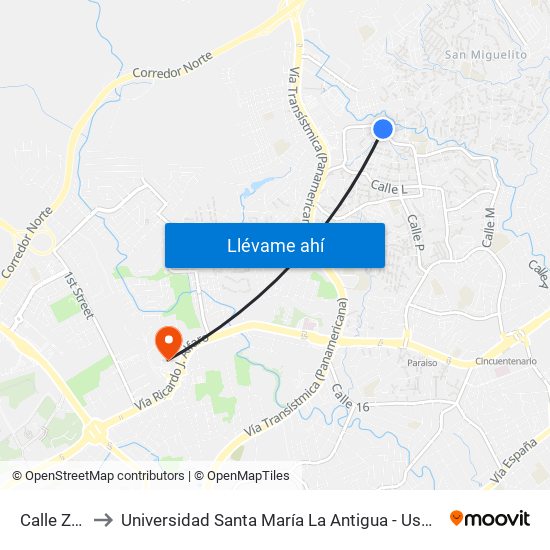 Calle Z-R to Universidad Santa María La Antigua - Usma map