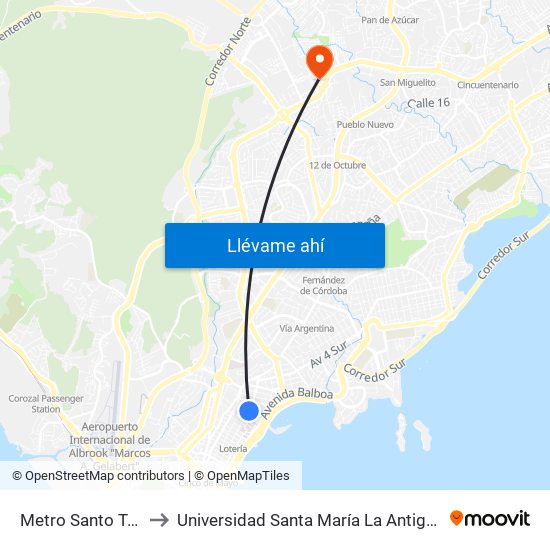 Metro Santo Tomás to Universidad Santa María La Antigua - Usma map