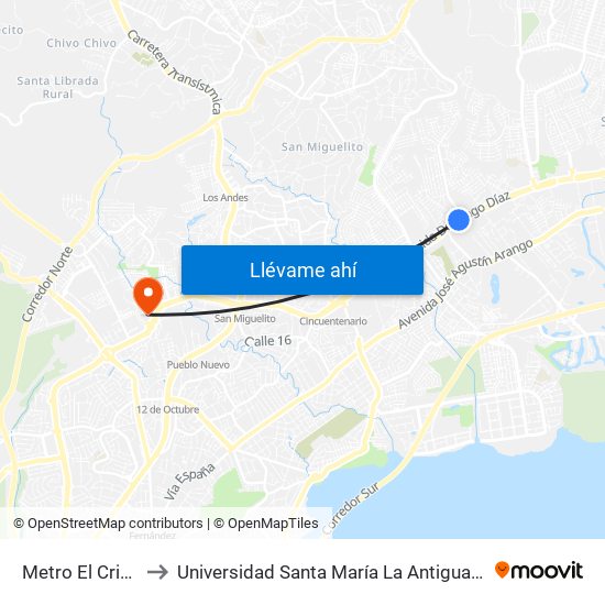 Metro El Crisol-I to Universidad Santa María La Antigua - Usma map