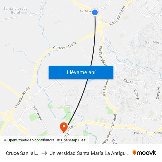 Cruce San Isidro-I to Universidad Santa María La Antigua - Usma map