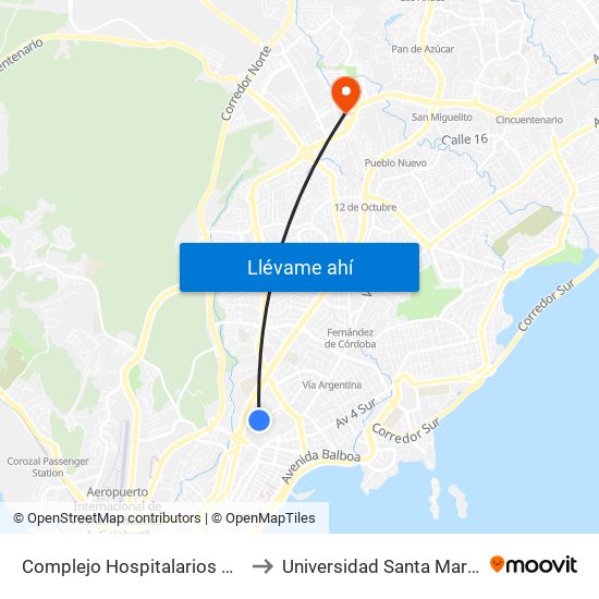 Complejo Hospitalarios Dr. Arnulfo Arias Madrid to Universidad Santa María La Antigua - Usma map