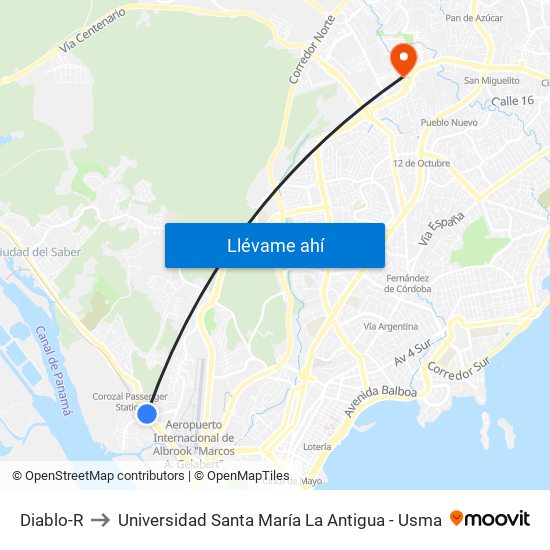 Diablo-R to Universidad Santa María La Antigua - Usma map