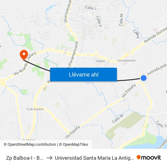 Zp Balboa-I - Bahía 2 to Universidad Santa María La Antigua - Usma map
