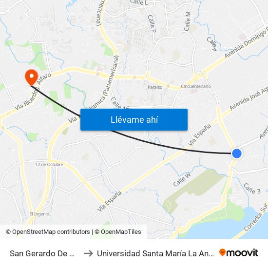 San Gerardo De Mayela-R to Universidad Santa María La Antigua - Usma map