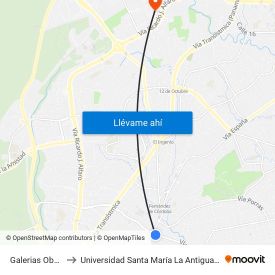 Galerias Obarrio to Universidad Santa María La Antigua - Usma map