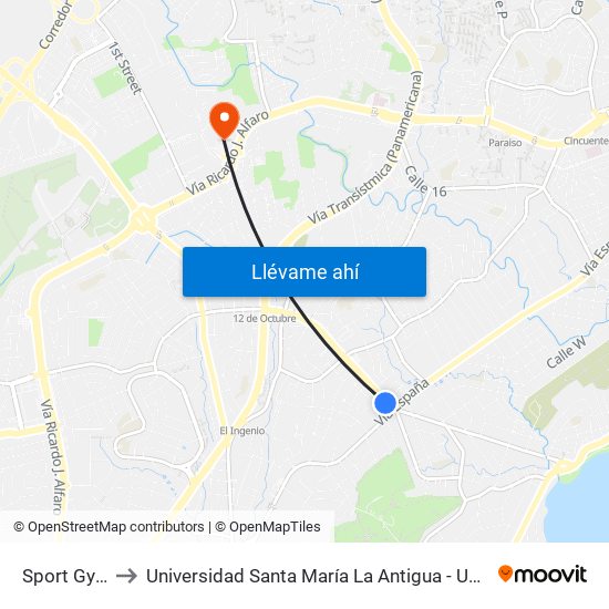 Sport Gym to Universidad Santa María La Antigua - Usma map