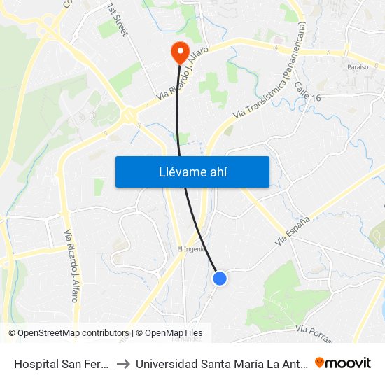 Hospital San Fernando-I to Universidad Santa María La Antigua - Usma map
