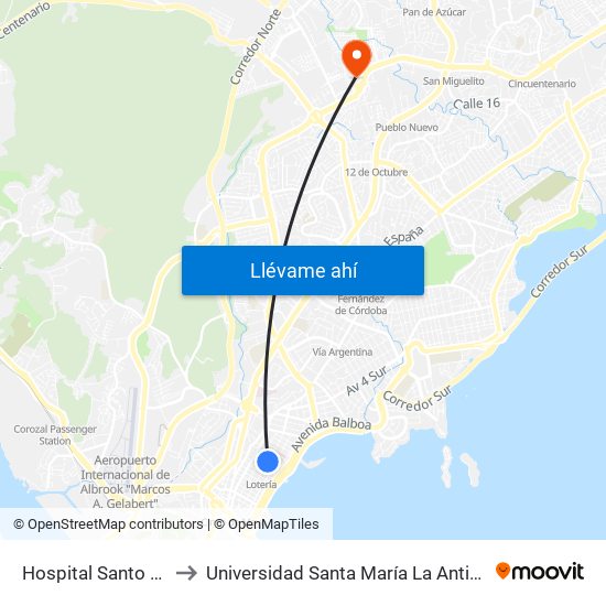 Hospital Santo Tomas to Universidad Santa María La Antigua - Usma map