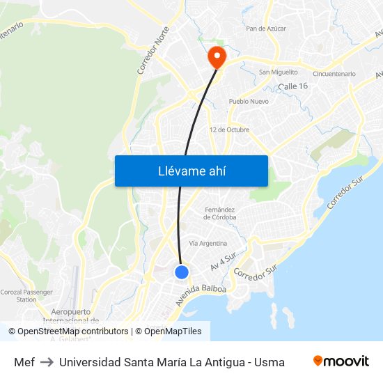 Mef to Universidad Santa María La Antigua - Usma map