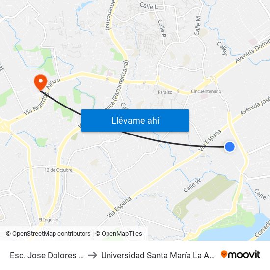 Esc. Jose Dolores Moscote to Universidad Santa María La Antigua - Usma map