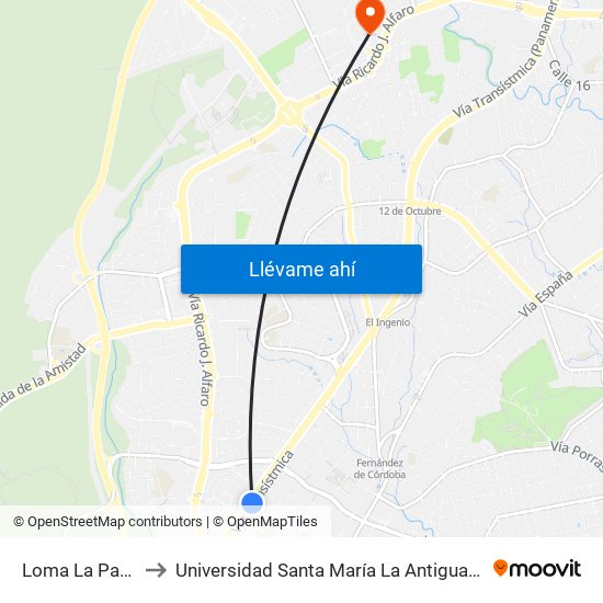Loma La Pava-R to Universidad Santa María La Antigua - Usma map