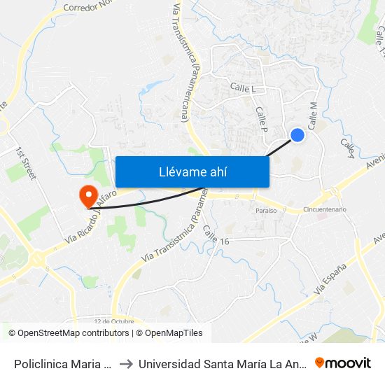 Policlinica Maria Valdes-I to Universidad Santa María La Antigua - Usma map