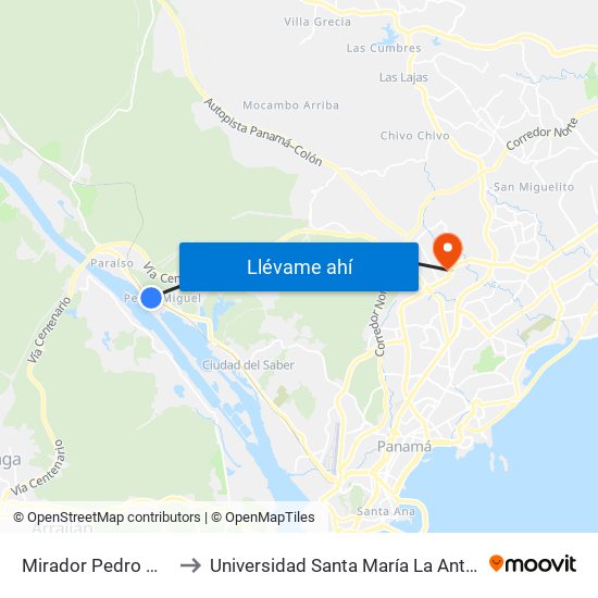 Mirador Pedro Miguel-R to Universidad Santa María La Antigua - Usma map