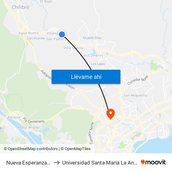 Nueva Esperanza Norte-R to Universidad Santa María La Antigua - Usma map