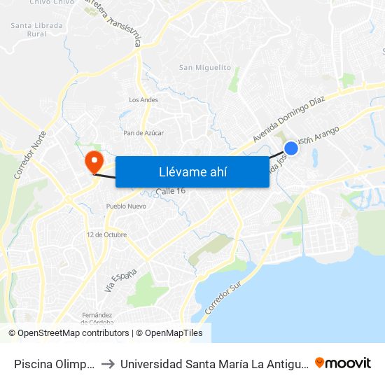 Piscina Olimpica-R to Universidad Santa María La Antigua - Usma map
