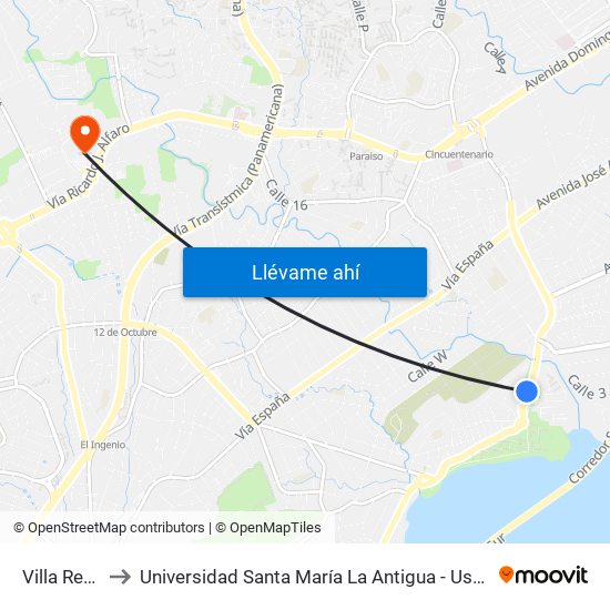 Villa Rey-I to Universidad Santa María La Antigua - Usma map