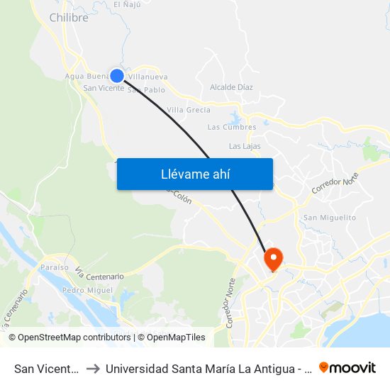 San Vicente-R to Universidad Santa María La Antigua - Usma map