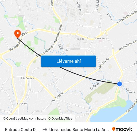 Entrada Costa Del Este-R to Universidad Santa María La Antigua - Usma map