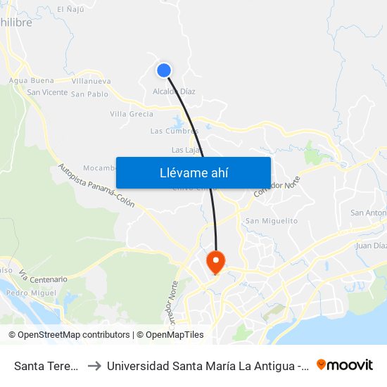 Santa Teresa-I to Universidad Santa María La Antigua - Usma map