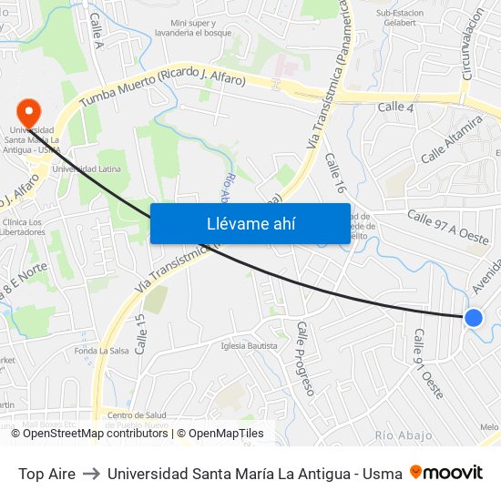 Top Aire to Universidad Santa María La Antigua - Usma map