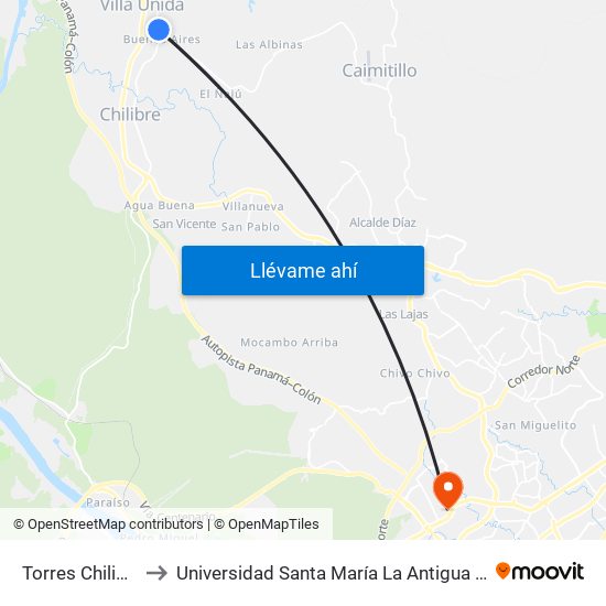 Torres Chilibre-I to Universidad Santa María La Antigua - Usma map