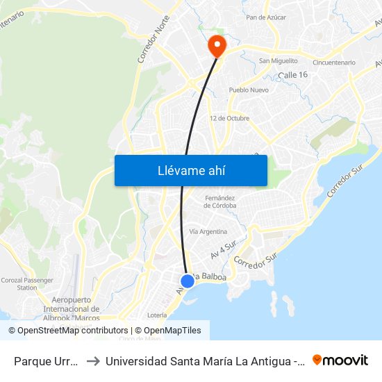 Parque Urracá to Universidad Santa María La Antigua - Usma map